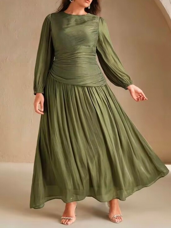 Boutique Dresses & Skirts - New Luxe Metallic Crinkle Ruched Waist Flared Maxi Dress PLUS Olive Green